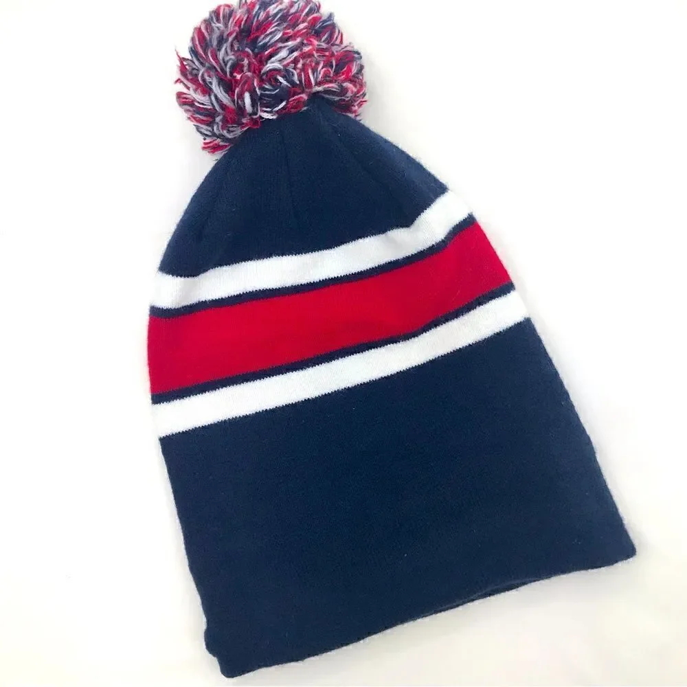 Chubbies Navy Blue Red Pompom Fleece Lined Knit Beanie Hat